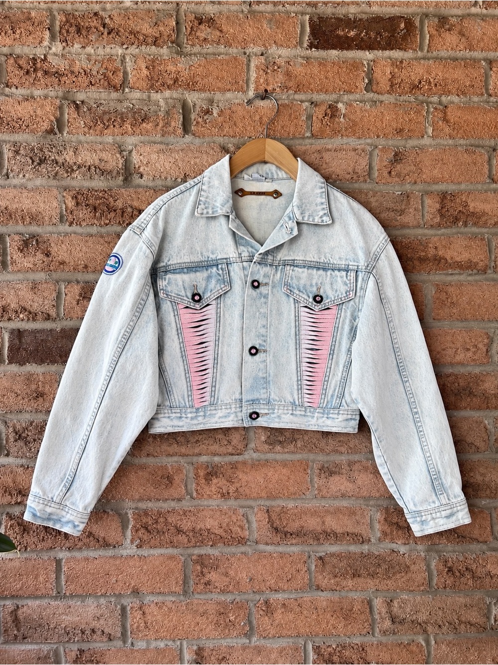Vintage L.A. Gear 80s Acid Wash Cropped Denim Jacket Pink Lace Up Small